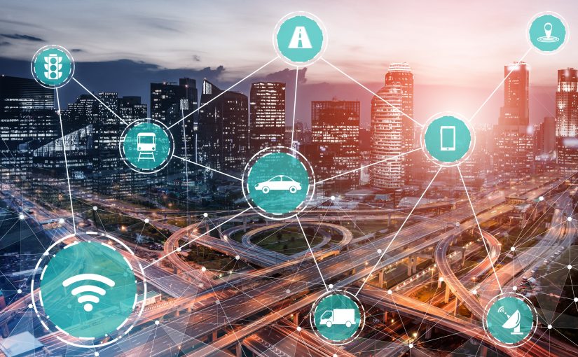 Smart transport technology concept for future car traffic on road . Virtual intelligent system makes digital information analysis to connect data of vehicle on city street. Futuristic innovation.