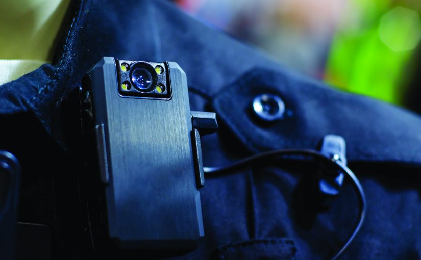 Close-up of police body camera