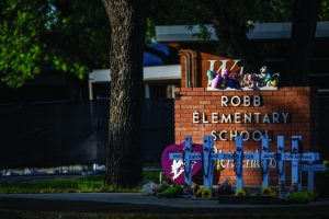 a memorial dedicated to the victims of last year's mass shooting at Robb Elementary School in Uvalde, Texas