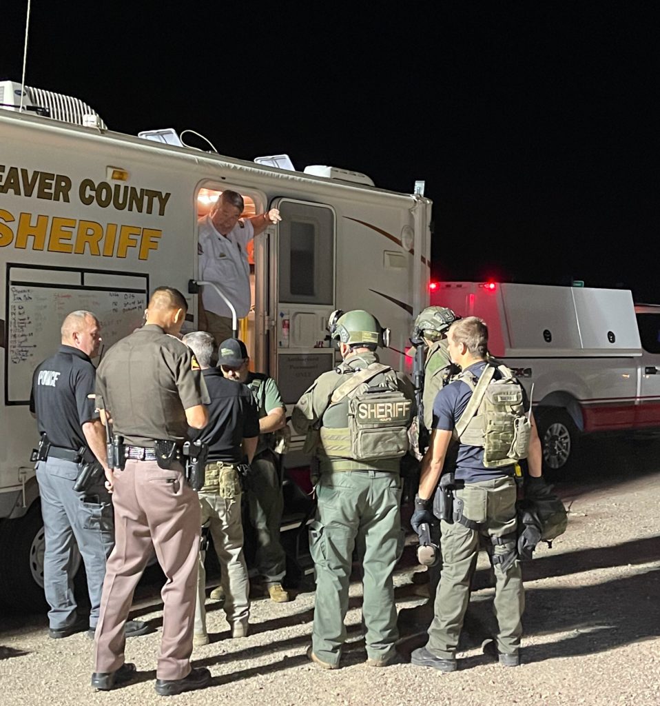 Beaver County Sheriff’s Office command post near Interstate 15 when a suspect reportedly shoots at officers during a pursuit in Beaver County, Utah, September 13, 2021. agencies engaged in unified command