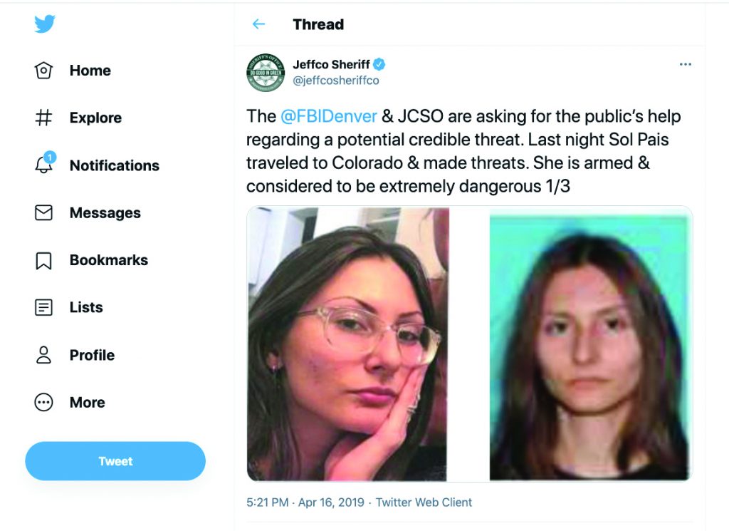 A tweet recruiting the public’s help in finding a threat actor thought to be in the area.