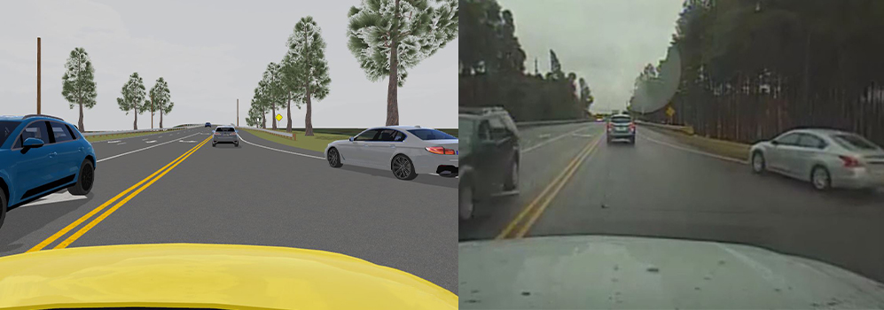 Two images side by side showing simulated driving scenario on left and actual driving image on right to show realism of simulation.